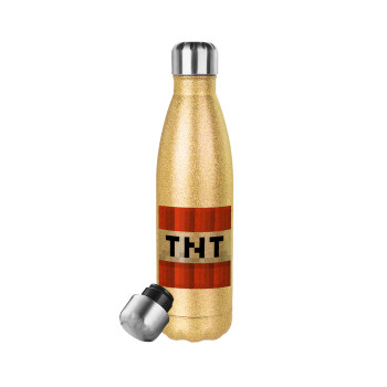Minecraft TNT, Μεταλλικό παγούρι θερμός Glitter χρυσό (Stainless steel), διπλού τοιχώματος, 500ml