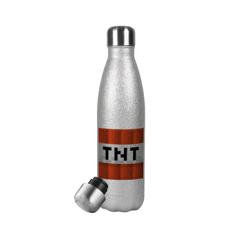 Minecraft TNT, Μεταλλικό παγούρι θερμός Glitter Aσημένιο (Stainless steel), διπλού τοιχώματος, 500ml