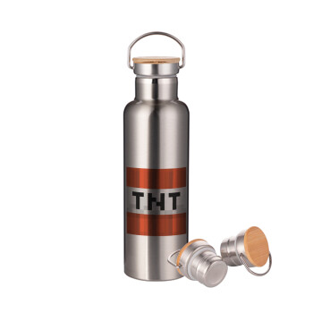 Minecraft TNT, Stainless steel Silver with wooden lid (bamboo), double wall, 750ml