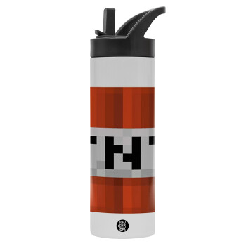 Minecraft TNT, Metallic thermos bottle with straw & handle, stainless steel (Stainless steel 304), double-walled, 600ml.