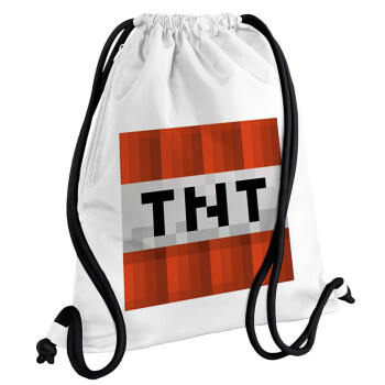 Minecraft TNT, Τσάντα πλάτης πουγκί GYMBAG λευκή, με τσέπη (40x48cm) & χονδρά κορδόνια