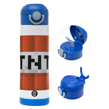Minecraft TNT, Children's hot water bottle, stainless steel, with safety straw, BLUE (500ml)