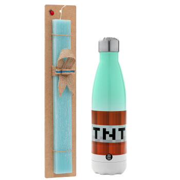 Minecraft TNT, Easter Set, Metallic green/white thermos (Stainless steel), double-walled, 500ml & scented flat Easter candle (30cm) (TURQUOISE)