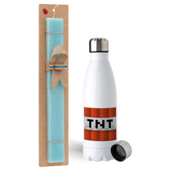 Minecraft TNT, Easter Set, metallic stainless steel water bottle (750ml) & aromatic flat Easter candle (30cm) (TURQUOISE)