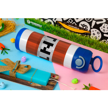 Minecraft TNT, Easter candle, Childrens hot water bottle, stainless steel, with safety straw, BLUE (500ml)