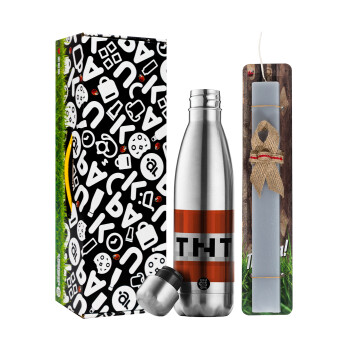 Minecraft TNT, Easter Set, metallic stainless thermos flask (500ml) & scented flat Easter candle (30cm) (GRAY)