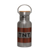 Stainless steel metallic thermos flask, silver with a bamboo lid, double-walled, 350ml.