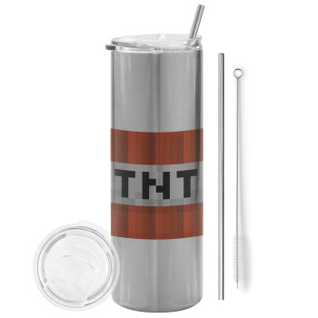 Minecraft TNT, Tumbler stainless steel Silver 600ml, with metal straw & cleaning brush