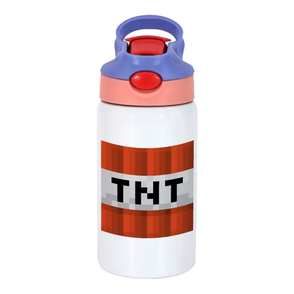 Minecraft TNT — Children's hot water bottle, stainless steel, with safety straw, pink/purple (350ml)