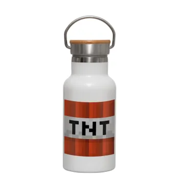 Minecraft TNT, Metallic thermos (Stainless steel) White with wooden lid (bamboo), double-walled, 350ml