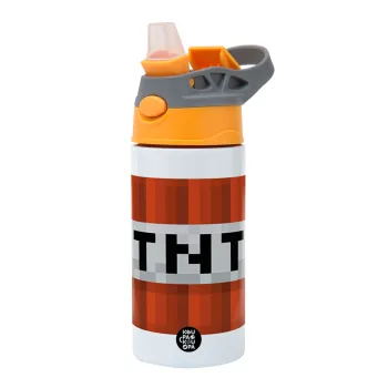 Minecraft TNT, Children's hot water bottle, stainless steel, with safety straw, Orange/Grey (360ml) BPA-FREE