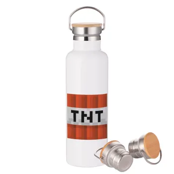 Minecraft TNT, Μεταλλικό παγούρι θερμός (Stainless steel) Λευκό με ξύλινο καπάκι (bamboo), διπλού τοιχώματος, 750ml