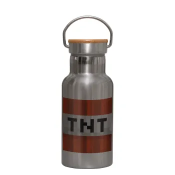 Minecraft TNT, Μεταλλικό παγούρι θερμός (Stainless steel) Ασημένιο με ξύλινο καπακι (bamboo), διπλού τοιχώματος, 350ml