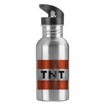 Minecraft TNT, Water bottle Silver with straw, stainless steel 600ml
