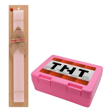 Minecraft TNT, Easter Set, children's snack container PINK & scented flat Easter candle (30cm) (PINK)