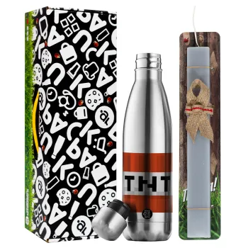 Minecraft TNT, Easter Set, metallic stainless thermos flask (500ml) & scented flat Easter candle (30cm) (GRAY)