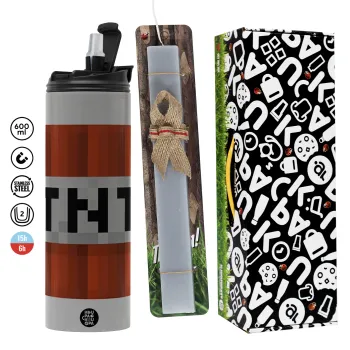 Minecraft TNT, Easter candle with Grey Tumbler Thermo 600ml & aromatic flat candle (30cm) (GREY)