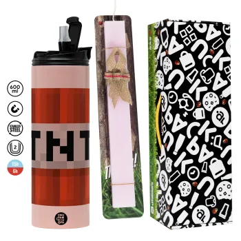 Minecraft TNT, Easter candle,Travel Tumbler 2 Lids, with metal straw & cleaning brush & aromatic flat candle (30cm) (PINK)