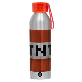 Minecraft TNT, Αλουμινένιο Αθλητικό Μπουκάλι 650ml – Ασημί με Κόκκινο Καπάκι και Λουράκι Σιλικόνης