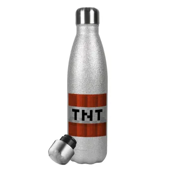 Minecraft TNT, Μεταλλικό παγούρι θερμός Glitter Aσημένιο (Stainless steel), διπλού τοιχώματος, 500ml