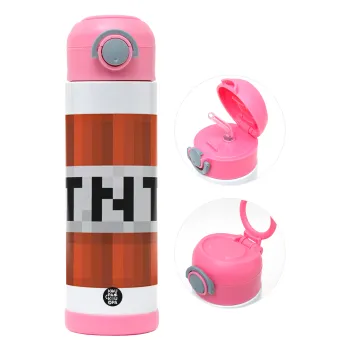 Minecraft TNT, Children's hot water bottle, stainless steel, with safety straw, PINK (500ml)
