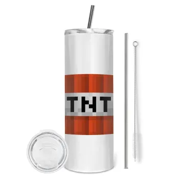Minecraft TNT, Tumbler ποτήρι θερμό από ανοξείδωτο ατσάλι 600ml, με μεταλλικό καλαμάκι & βούρτσα καθαρισμού