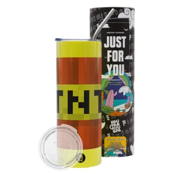 Minecraft TNT, Neon Yellow Travel Tumbler θερμό, μεταλλικό καλαμάκι(Ανωξείδωτο 304 Food grade, BPA free, 600ml)