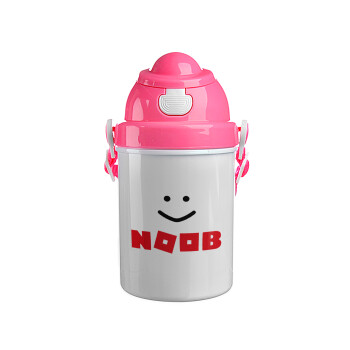 NOOB, Ροζ παιδικό παγούρι πλαστικό (BPA-FREE) με καπάκι ασφαλείας, κορδόνι και καλαμάκι, 400ml