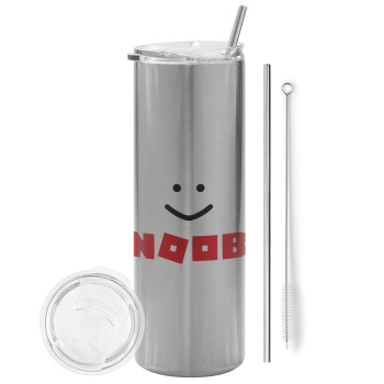 NOOB, Eco friendly ποτήρι θερμό Ασημένιο (tumbler) από ανοξείδωτο ατσάλι 600ml, με μεταλλικό καλαμάκι & βούρτσα καθαρισμού