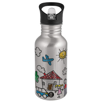Children's drawing, Water bottle Silver with straw, stainless steel 500ml