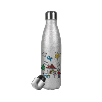 Children's drawing, Metallic Glitter Silver Thermos Flask (Stainless steel), double-walled, 500ml