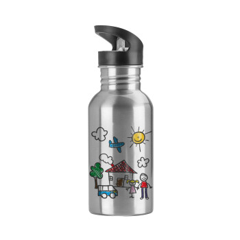Children's drawing, Water bottle Silver with straw, stainless steel 600ml