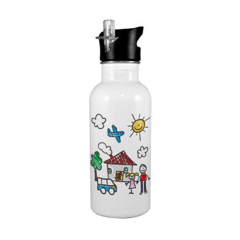Children's drawing, White water bottle with straw, stainless steel 600ml