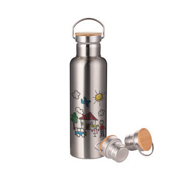 Children's drawing, Stainless steel Silver with wooden lid (bamboo), double wall, 750ml