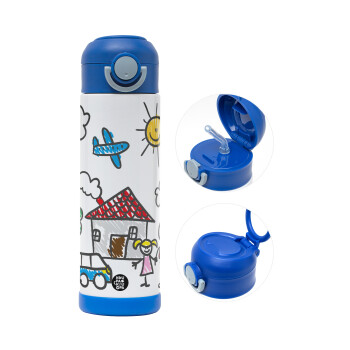 Children's drawing, Children's hot water bottle, stainless steel, with safety straw, BLUE (500ml)