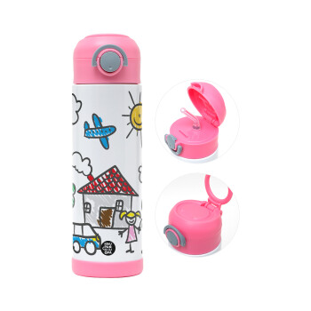 Children's drawing, Children's hot water bottle, stainless steel, with safety straw, PINK (500ml)