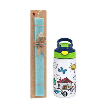 Children's drawing, Easter Set, Children's thermal stainless steel bottle with safety straw, green/blue (350ml) & aromatic flat Easter candle (30cm) (TURQUOISE)