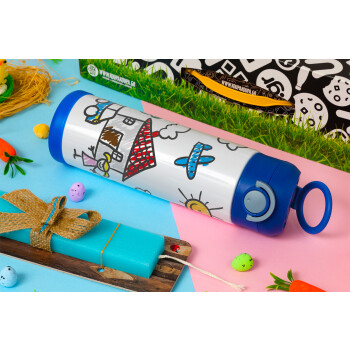 Children's drawing, Easter candle, Childrens hot water bottle, stainless steel, with safety straw, BLUE (500ml)