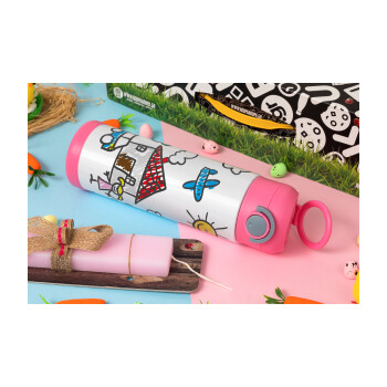 Children's drawing, Easter candle, Childrens hot water bottle, stainless steel, with safety straw, PINK (500ml)
