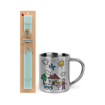 Children's drawing, Easter Set, metallic thermal cup (300ml) & aromatic flat Easter candle (30cm) (TURQUOISE)