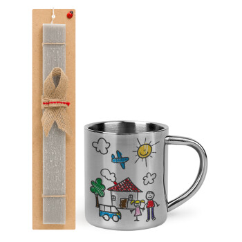 Children's drawing, Easter Set, metallic thermal cup (300ml) & Easter aromatic flat candle (30cm) (GRAY)