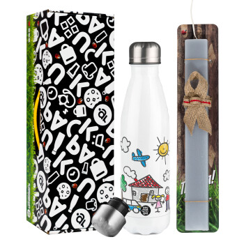 Children's drawing, Easter candle, metallic white thermos bottle (500ml) & aromatic flat candle (30cm) (GRAY)