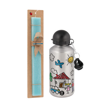 Children's drawing, Easter Set, metallic silver aluminum water bottle (500ml) & scented flat Easter candle (30cm) (TURQUOISE)