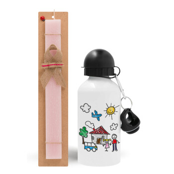 Children's drawing, Easter Set, metallic aluminum bottle (500ml) & aromatic flat Easter candle (30cm) (PINK)