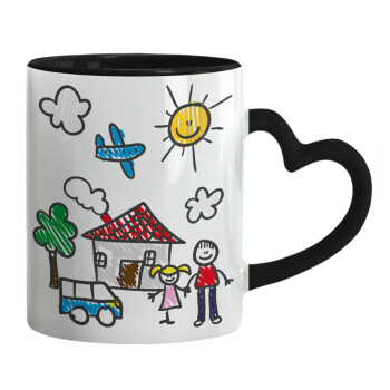 Children's drawing, Mug heart black handle, ceramic, 330ml