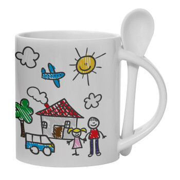 Children's drawing, Ceramic coffee mug with Spoon, 330ml (1pcs)