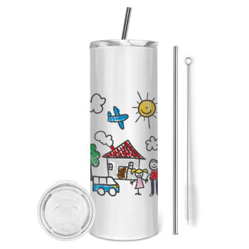 Παιδική ζωγραφιά, Eco friendly ποτήρι θερμό (tumbler) από ανοξείδωτο ατσάλι 600ml, με μεταλλικό καλαμάκι & βούρτσα καθαρισμού