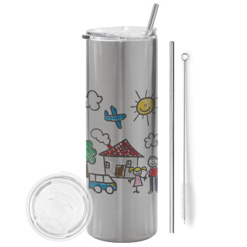 Children's drawing, Tumbler stainless steel Silver 600ml, with metal straw & cleaning brush