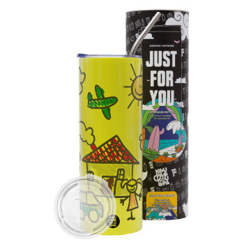 Children's drawing, Neon Yellow Travel Tumbler, with metal straw (Stainless steel 304 Food grade, BPA free, 600ml)