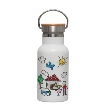 Children's drawing, Metallic thermos (Stainless steel) White with wooden lid (bamboo), double-walled, 350ml
